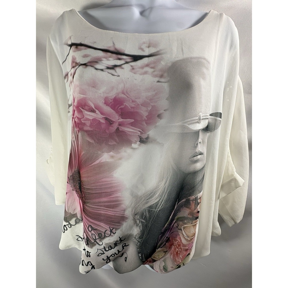 Regina D Made in Italy Graphic Chiffon Sequin Sleeve Poncho Blouse Top O/S